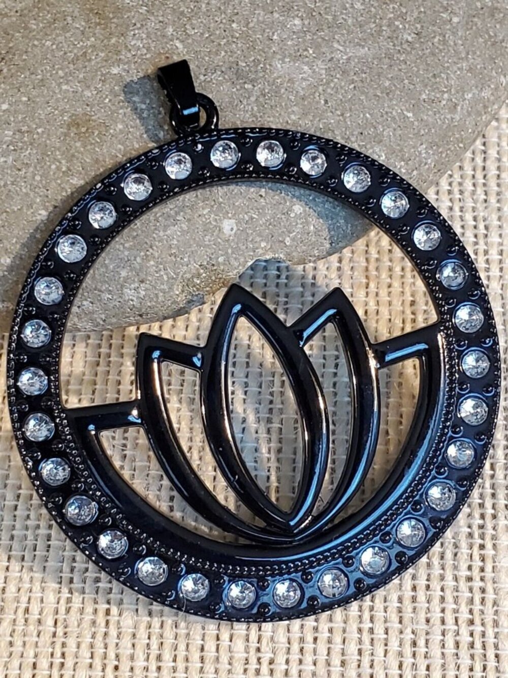 Art Deco Black Lacquer Lotus Flower Yoga Zen Large 63x54mm Crystal Pendant